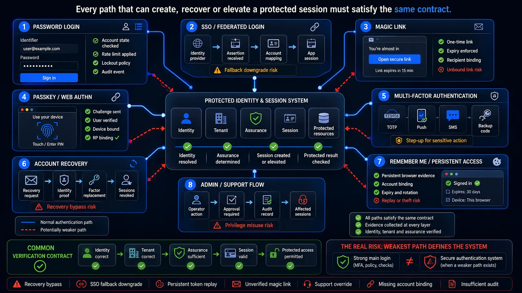 Authentication entry-point map covering password, SSO, magic link, passkey, MFA, recovery, remember me and administrative flows