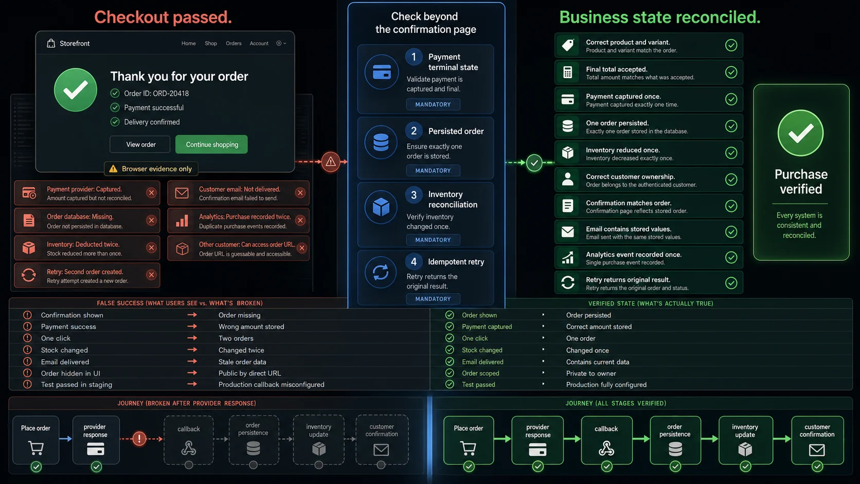 Ecommerce testing false success cases where storefront actions pass but order, payment, inventory or notification evidence fails