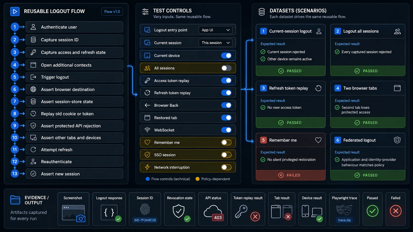 Reusable logout automation flow with datasets for current-session, all-device and federated termination cases