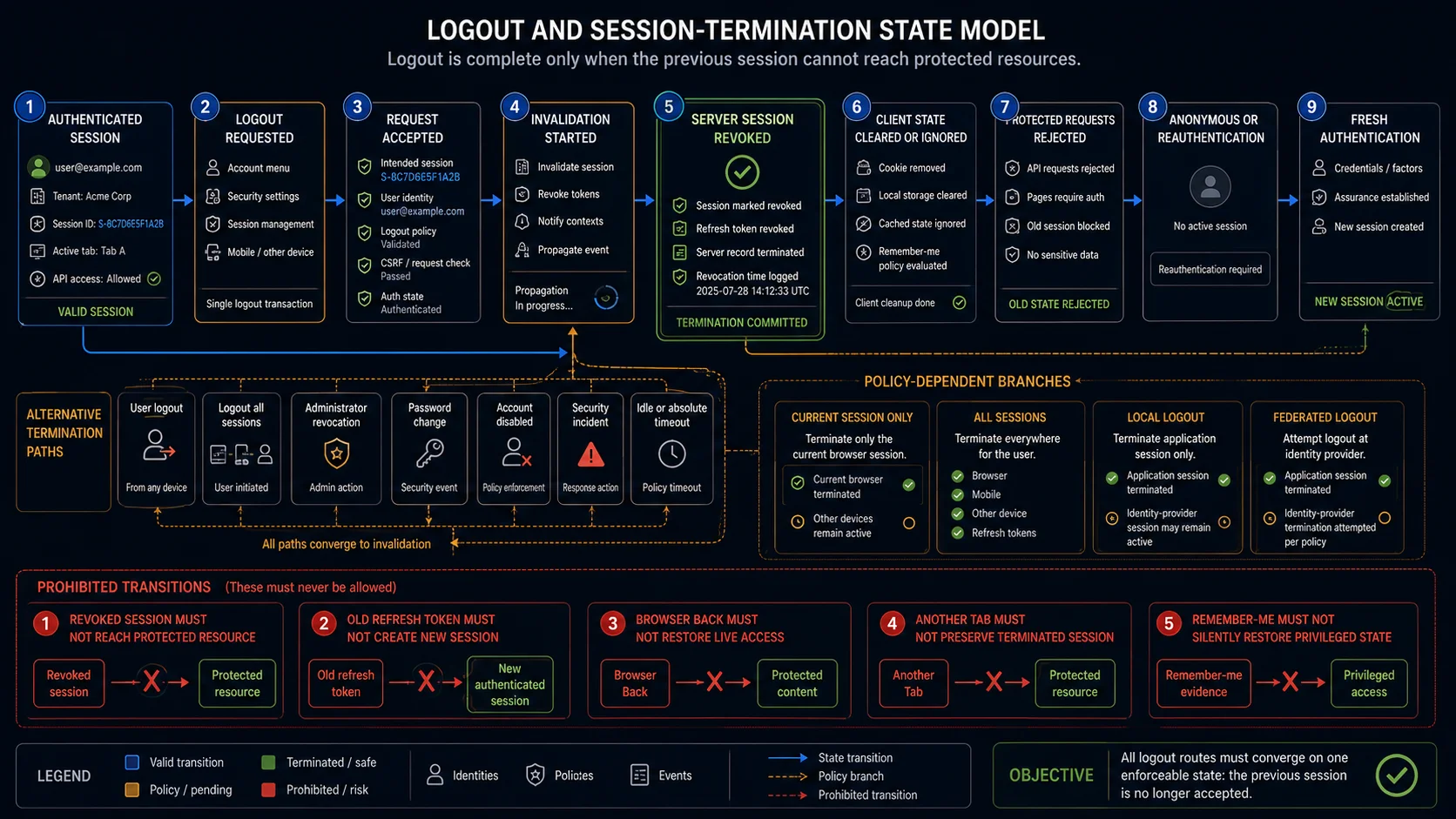 Logout state model from authenticated session through scope resolution, server invalidation, artifact revocation, protected request rejection and fresh login