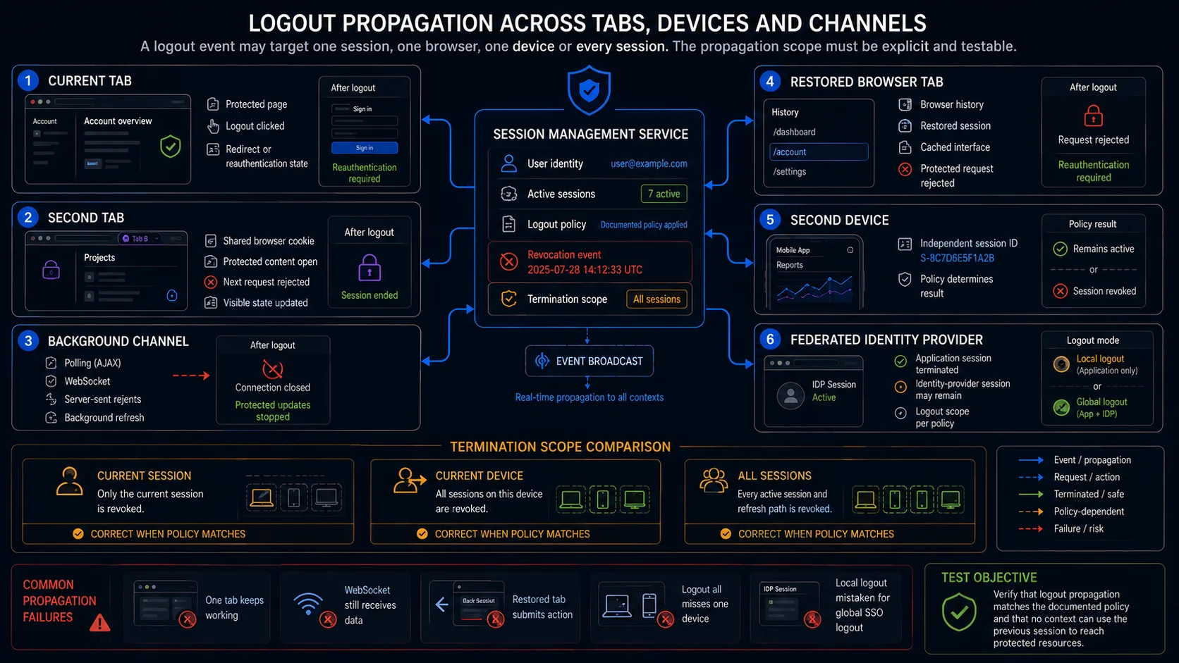 Logout testing across tabs, devices, background channels, offline queues and session propagation