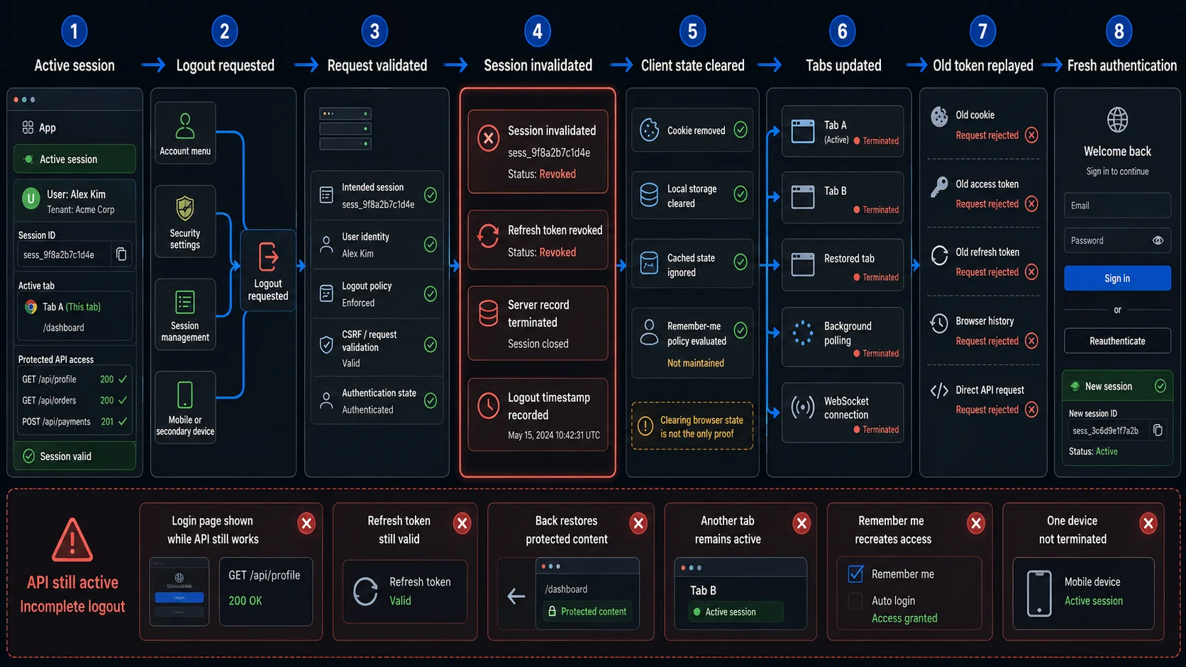 Logout lifecycle showing request, server-side session invalidation, old-token rejection, browser cleanup and fresh authentication