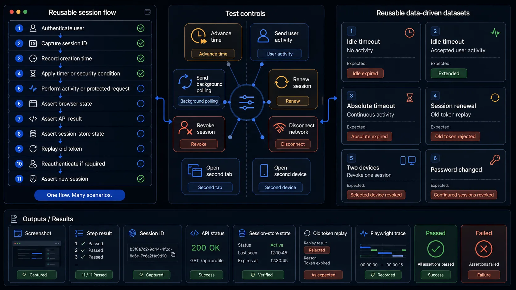 Reusable session automation flow with idle, absolute, renewal, remember-me, concurrent-session and revocation datasets