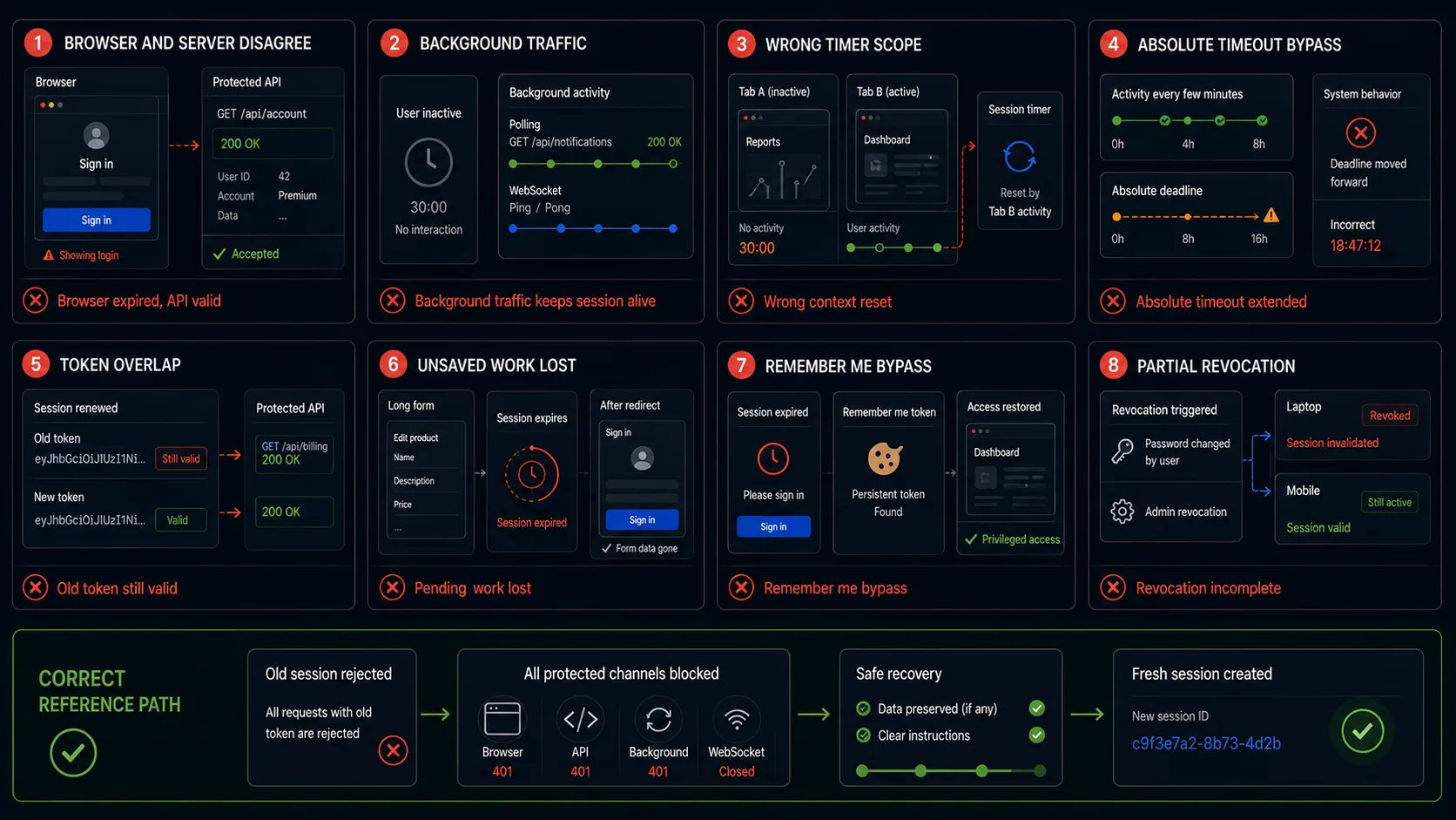 Session failures including browser-server disagreement, background polling, absolute timeout bypass, token overlap, lost form data and partial revocation