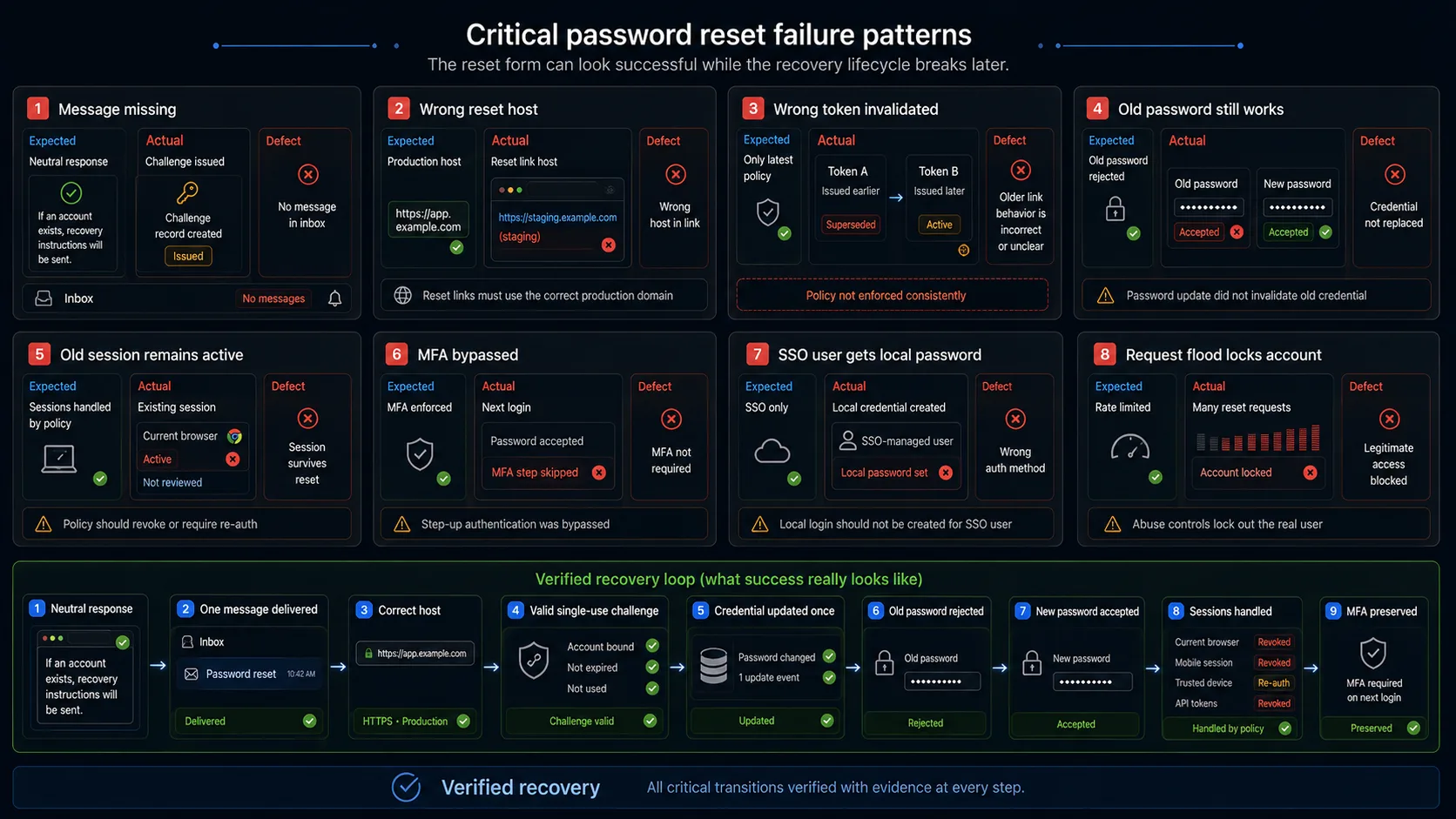 Password reset failure patterns including missing email, wrong environment, reusable tokens, unchanged old password, active sessions, MFA bypass, and SSO credential errors