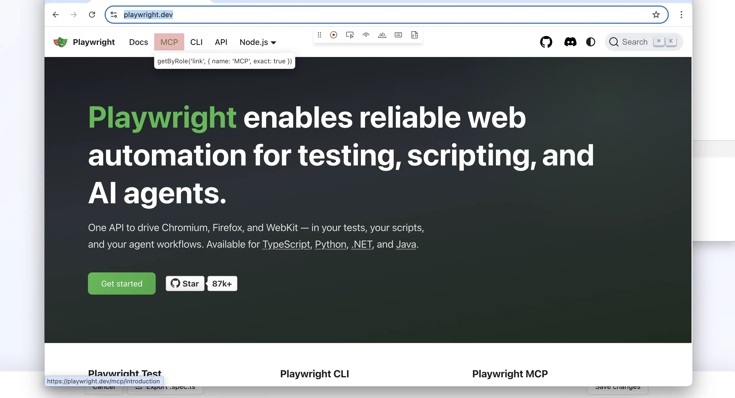 WrightTest check editor showing a check name field, start URL, environment selector, device picker, and step list.