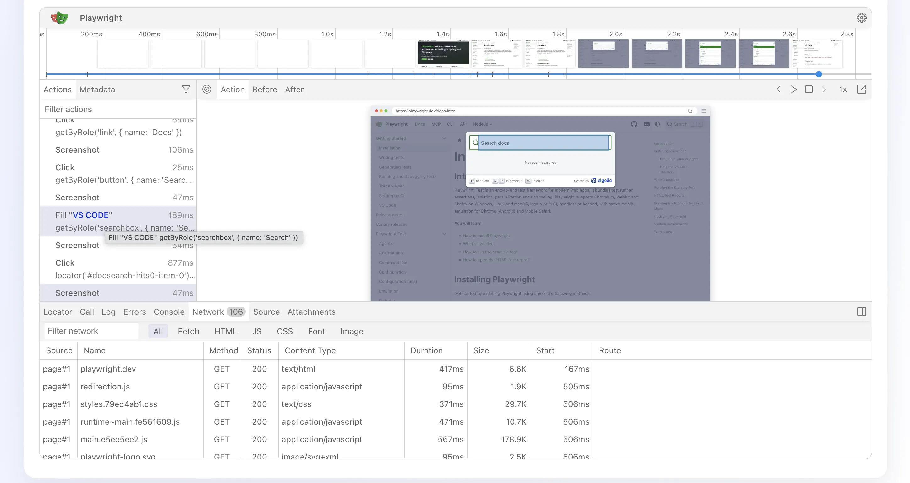 WrightTest Playwright trace viewer showing a trace timeline and captured screenshots.