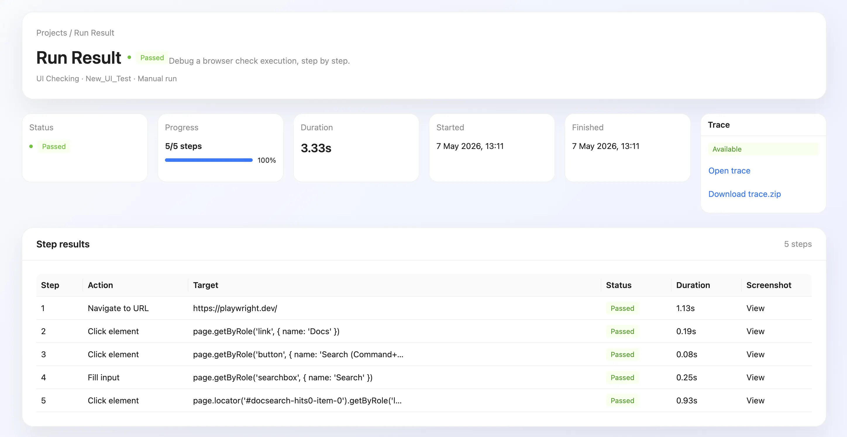 WrightTest run result page showing status, trace availability, and step results.