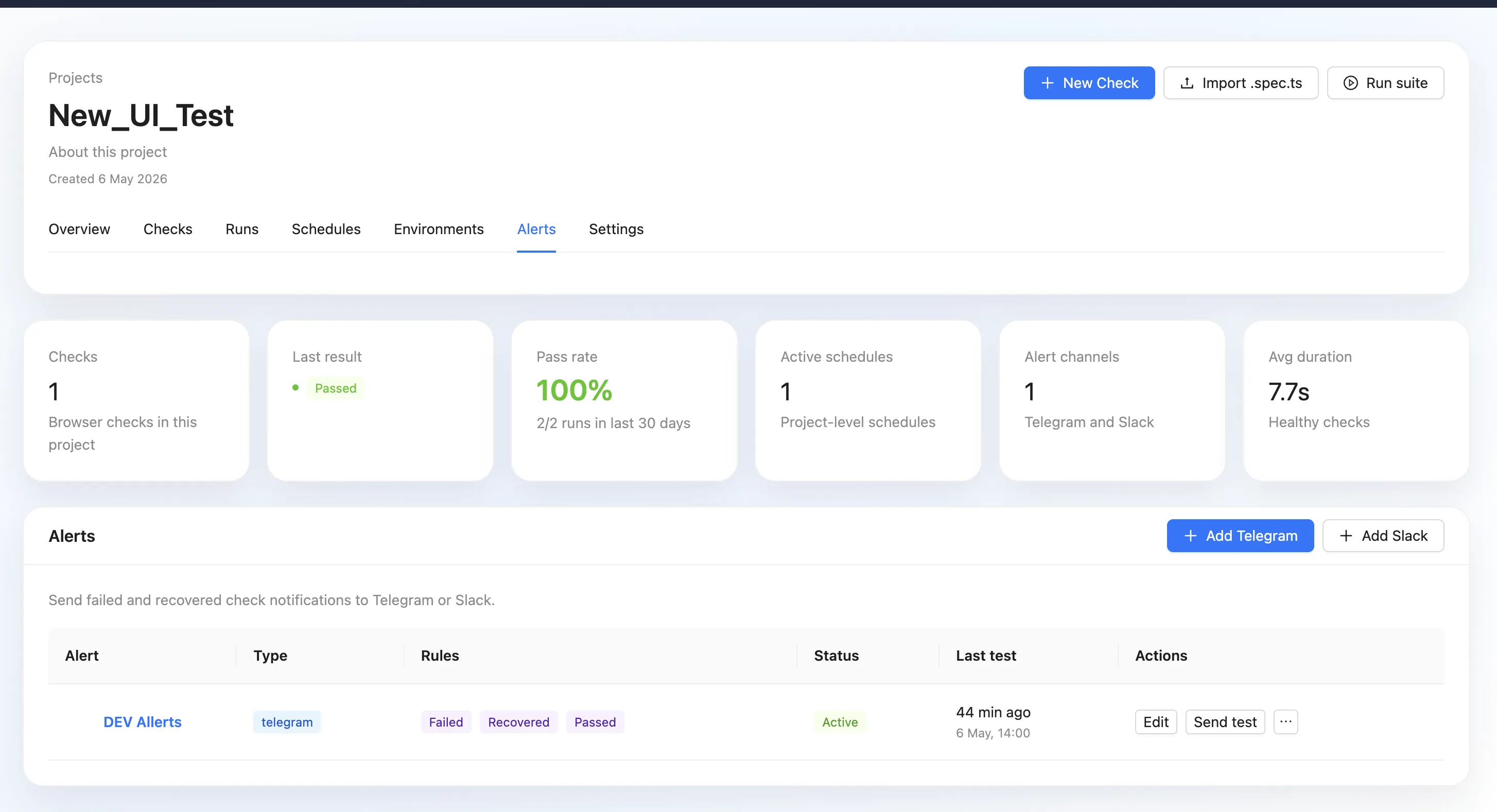 WrightTest alerts page showing Telegram alert rules and alert actions.
