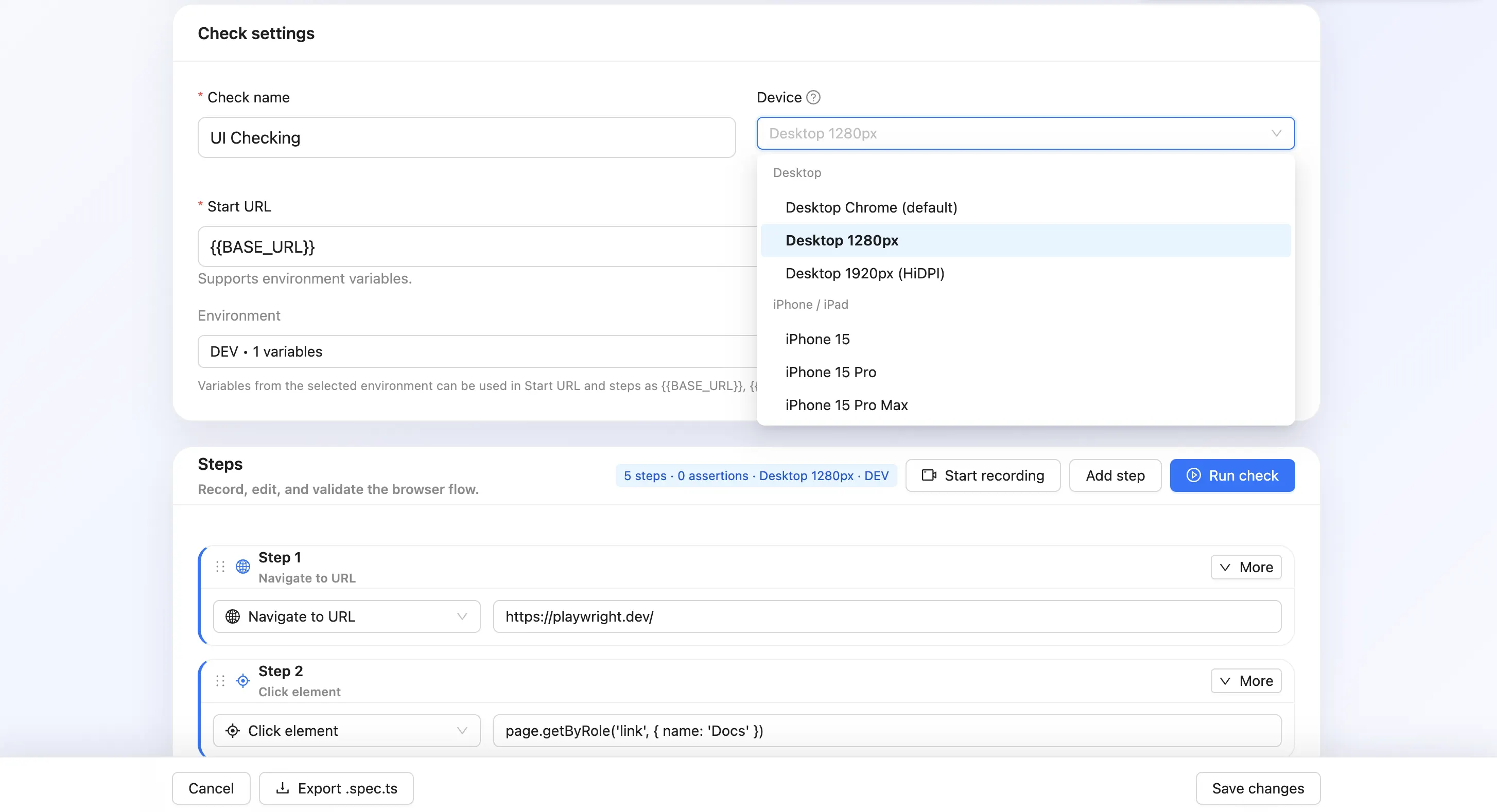 WrightTest browser check setup screen showing environment variables, device selector, and step editor.